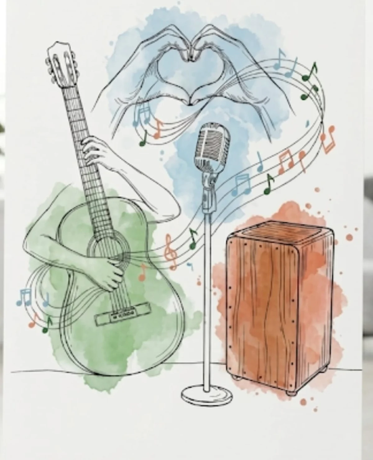 Ilustración de SonAbrazos con guitarra, micrófono y cajón